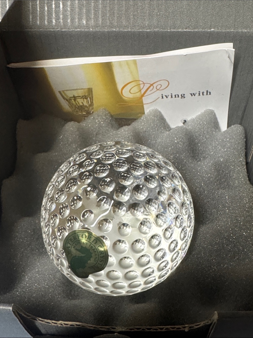 Waterford Crystal Golfball Paperweight-Original Box Included sticker etched 2.75